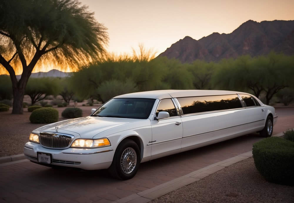 A sleek white limousine pulls up to a grand wedding venue in Paradise Valley, Arizona. The sun sets behind the mountains, casting a warm glow on the elegant vehicle