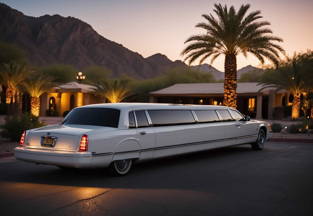 A sleek white limousine parked in front of a luxurious wedding venue in Paradise Valley, Arizona. The sun is setting, casting a warm glow on the surrounding palm trees and mountains in the distance