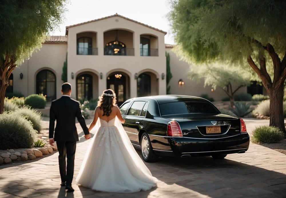 A sleek black limousine pulls up to a luxurious wedding venue in Paradise Valley, Arizona. The chauffeur holds the door open as the bride and groom step out, ready to begin their new life together