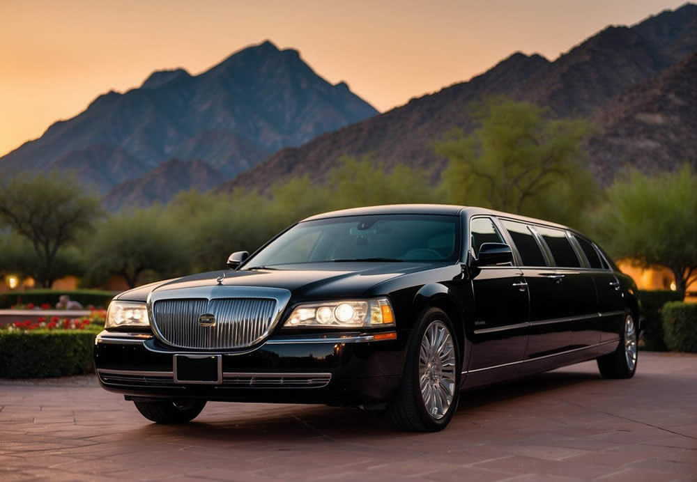 A sleek black limousine waits outside a luxurious wedding venue in Paradise Valley, Arizona. The sun sets behind the mountains, casting a warm glow on the elegant vehicle