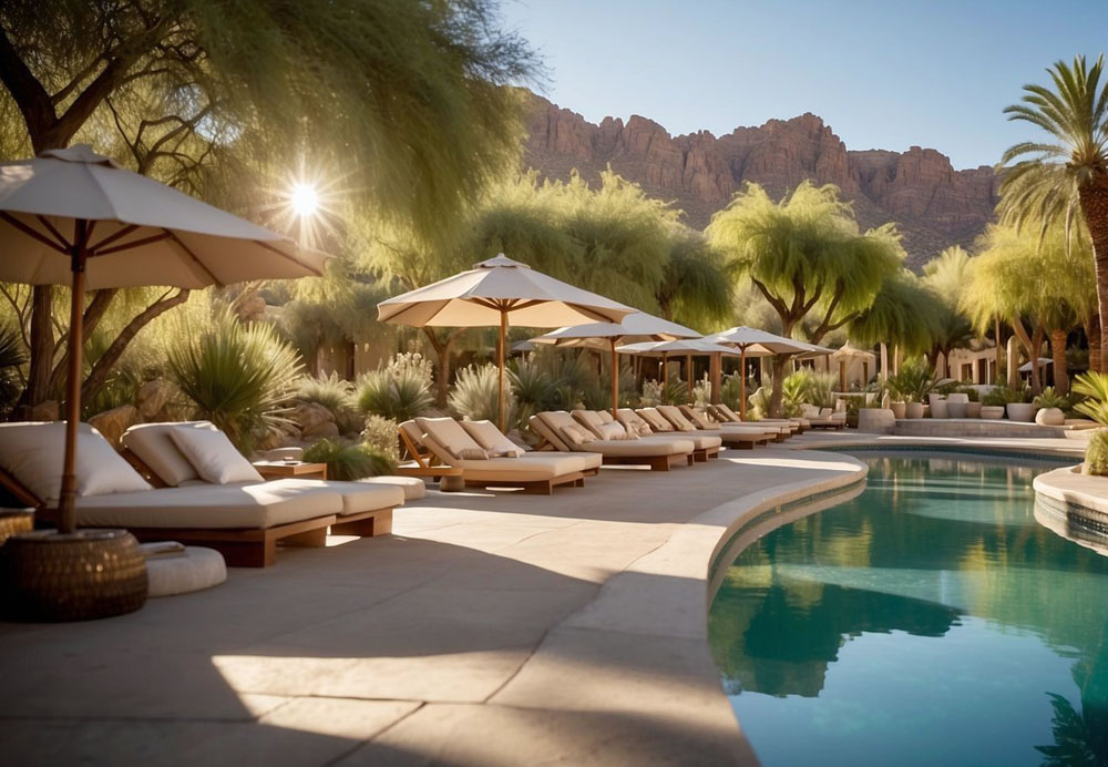 Lush greenery surrounds luxurious poolside cabanas at Paradise Valleys top resorts. Sunlight glistens on the water as guests relax in the tranquil desert oasis