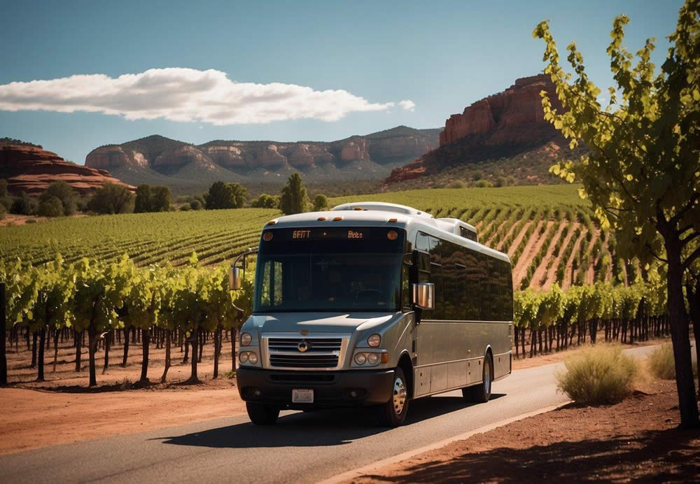 Vineyard landscape with rolling hills, lush grapevines, and a luxurious tour bus parked in front of a winery in Sedona