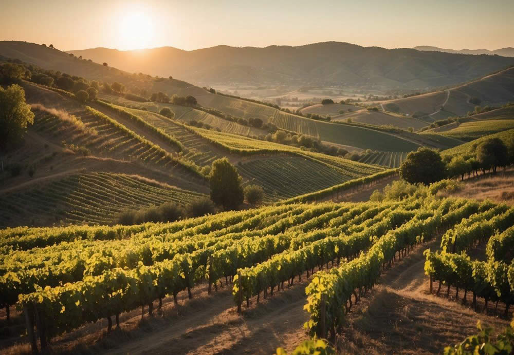 Vineyards stretch across rolling hills, bathed in warm sunlight. A luxurious tour van winds through the picturesque landscape, passing rows of grapevines and elegant wineries