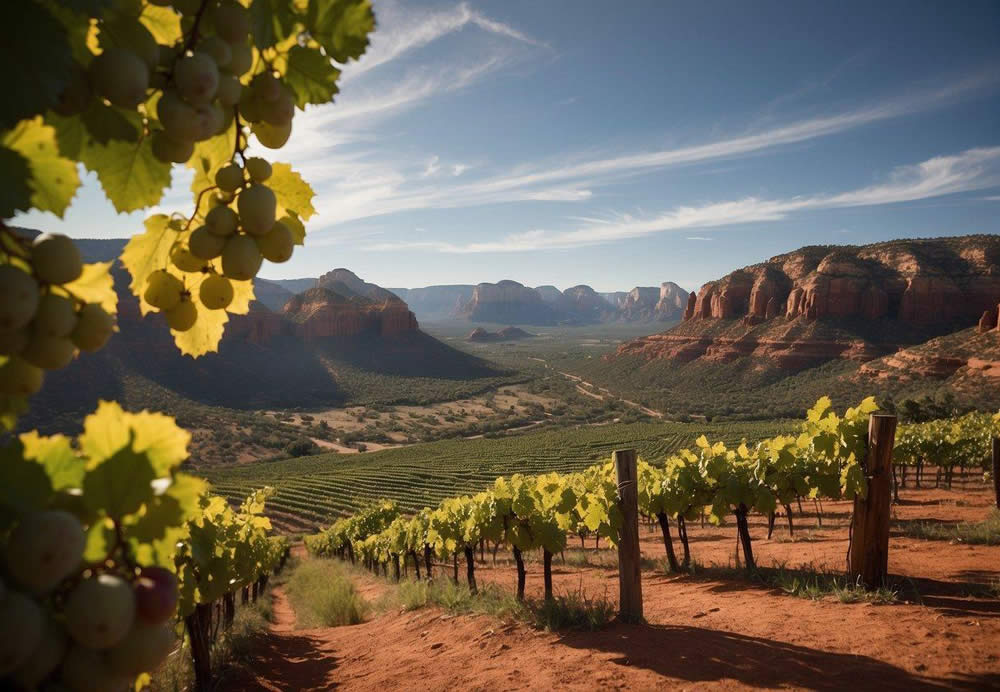 A vineyard nestled in the red rock landscape of Sedona, Arizona. Lush grapevines stretch across the rolling hills, with a luxurious tasting room and scenic views