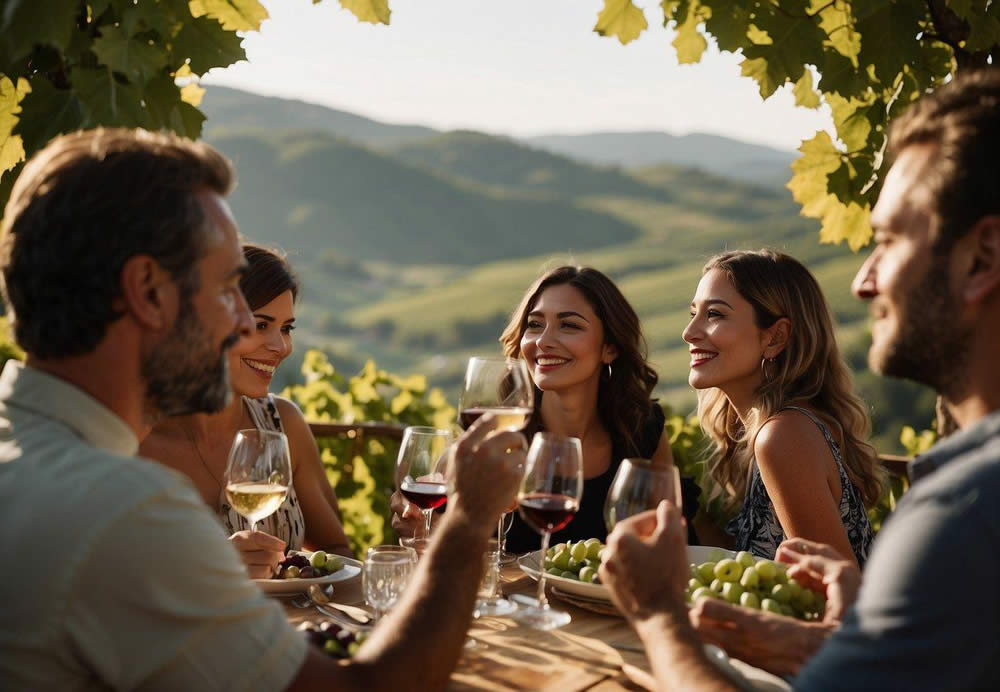Guests savor wine at a vineyard, surrounded by lush greenery and rolling hills. A guide educates them on the winemaking process in a luxurious setting