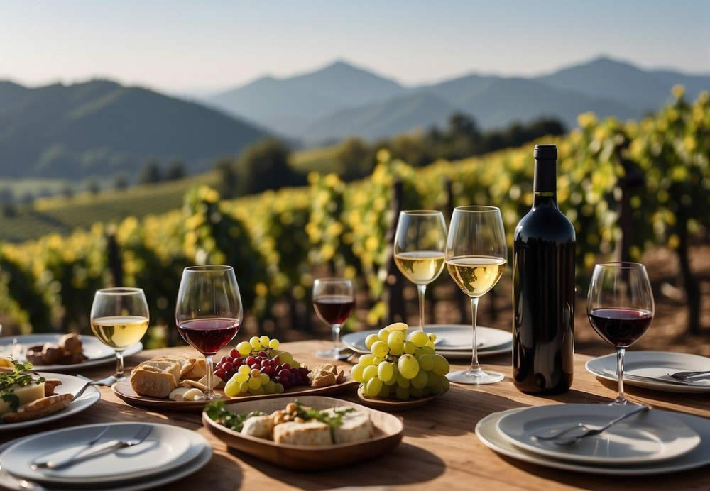 A table set with an array of gourmet dishes and various bottles of wine, surrounded by picturesque vineyards and mountains in the background