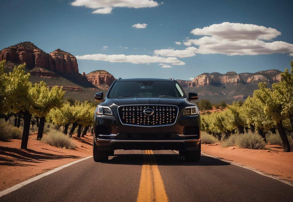 A sleek, black luxury SUV winds through the picturesque red rock landscape of Sedona, Arizona. In the distance, a vineyard awaits, promising a day of indulgence and relaxation on a wine tour from Scottsdale