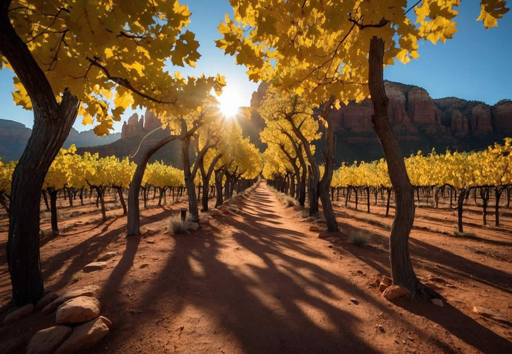 A luxurious wine tour through Sedona's picturesque vineyards, with vibrant autumn foliage and a backdrop of red rock formations