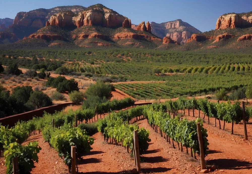 Rolling vineyards contrast with red rock formations, as a luxury wine tour winds through Sedona