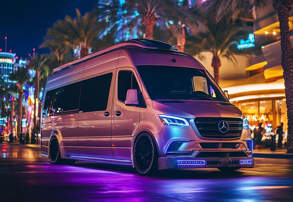 A Mercedes Sprinter van parked in front of a restaurant