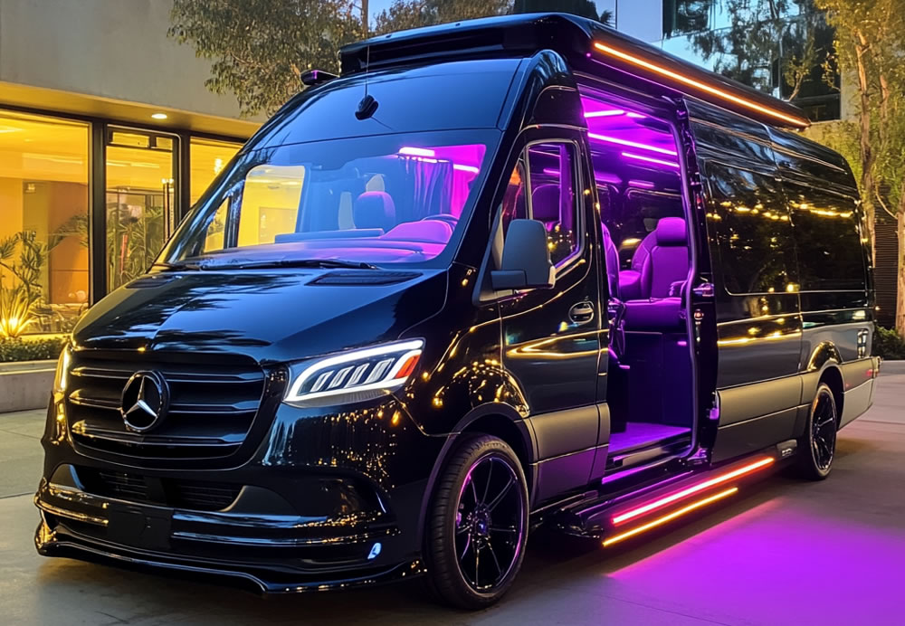 A Mercedes Sprinter van parked before a bar