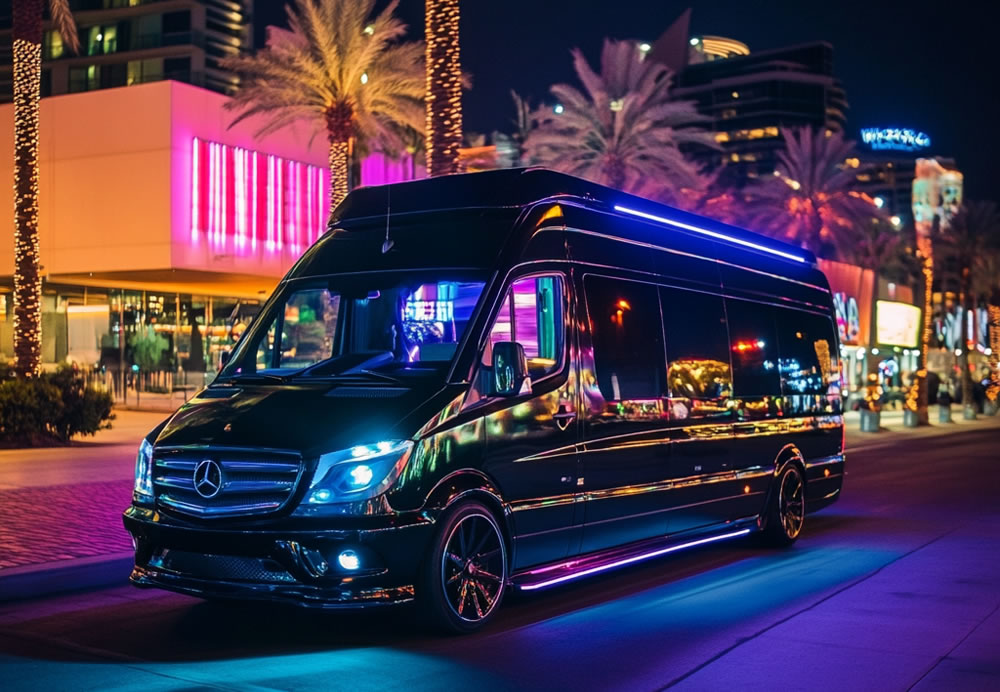 A Mercedes Sprinter van parked before a bar