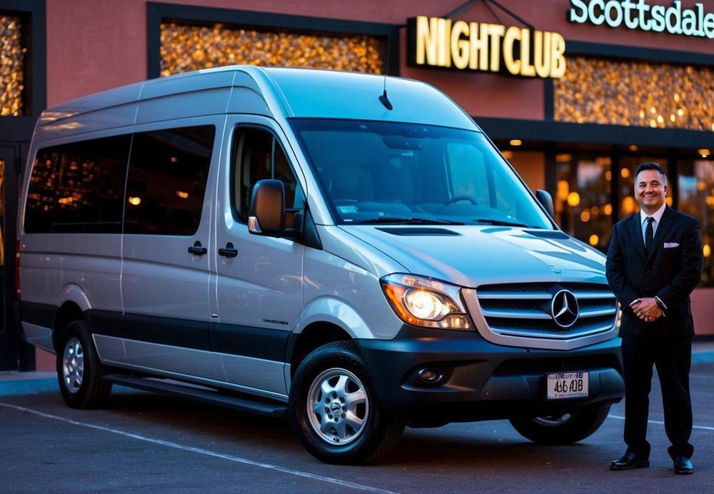 A Mercedes Sprinter van parked outside a trendy Scottsdale nightclub, with a professional driver standing by, ready to chauffeur a group of friends for a night out