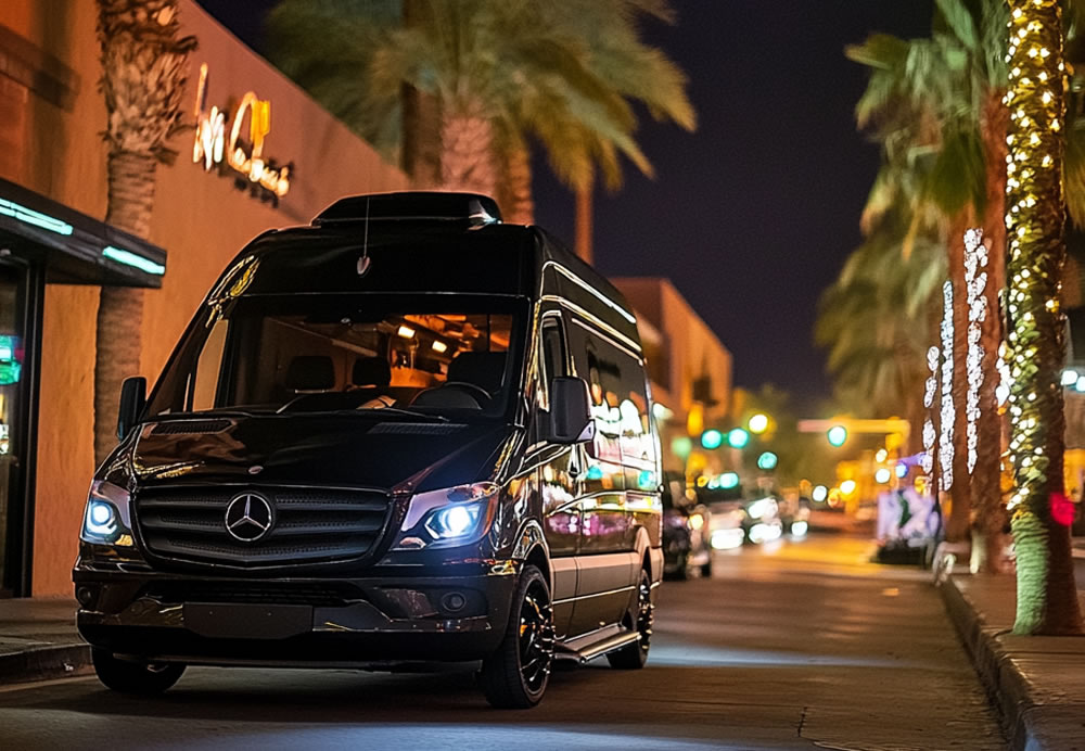 A Mercedes Sprinter van parked before a bar