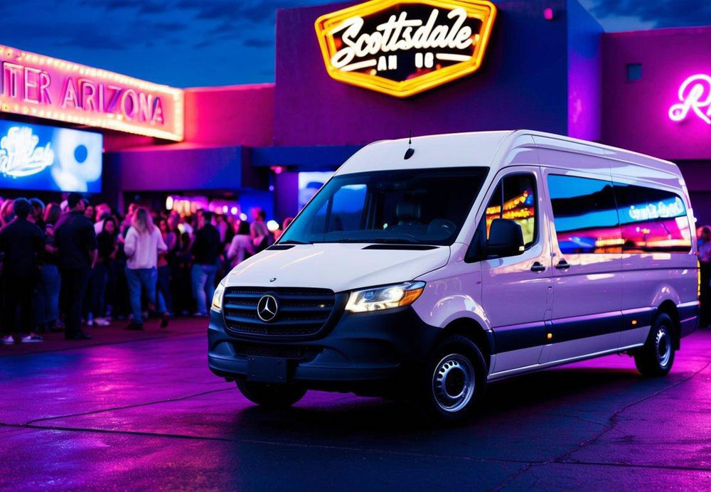 A Mercedes Sprinter van parked outside a vibrant nightclub in Scottsdale, Arizona, with neon lights and a bustling crowd