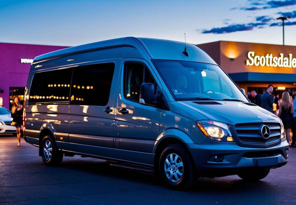 A Mercedes Sprinter van parked in front of a Scottsdale, Arizona nightlife venue, with a group of people getting ready to embark on their night out