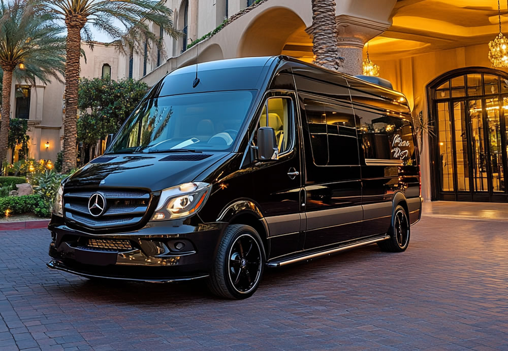 A Mercedes Sprinter van parked before a resort