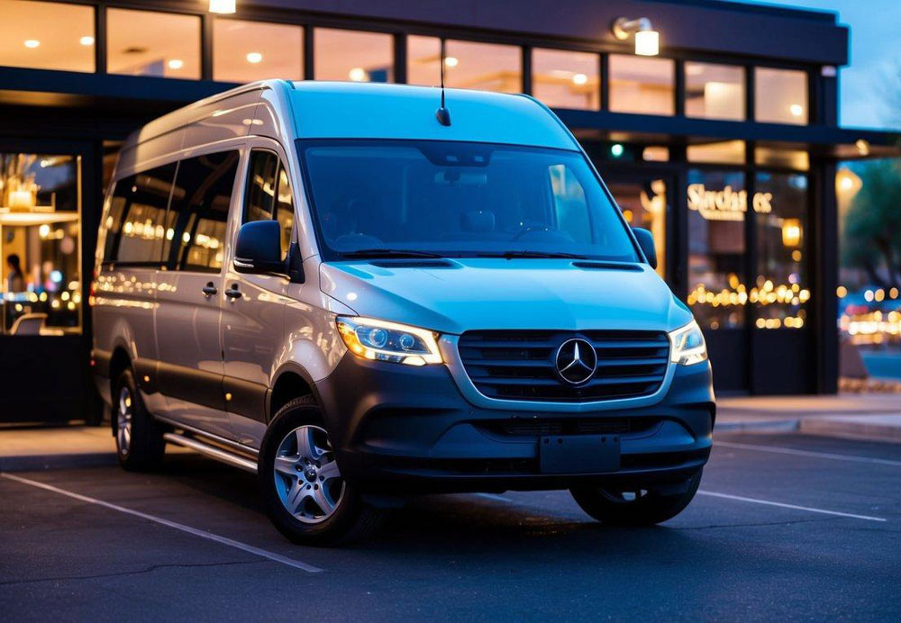 A Mercedes Sprinter van parked outside a trendy restaurant in Scottsdale, Arizona. The city lights reflecting off the sleek exterior, hinting at the luxurious night ahead