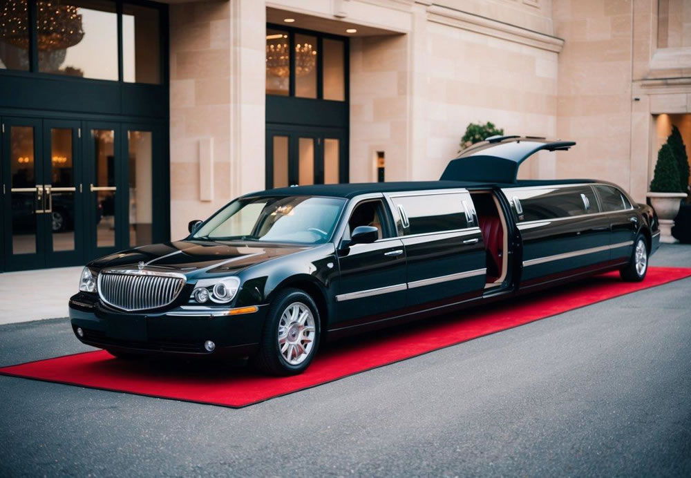 A sleek, black limousine parked in front of a grand event venue, with a red carpet leading up to the open door