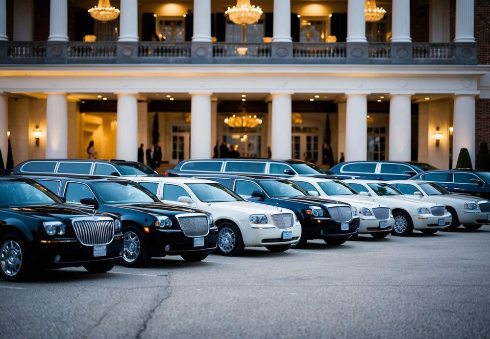 A row of various limousines parked in front of a grand event venue, each representing a different style and size for different types of events