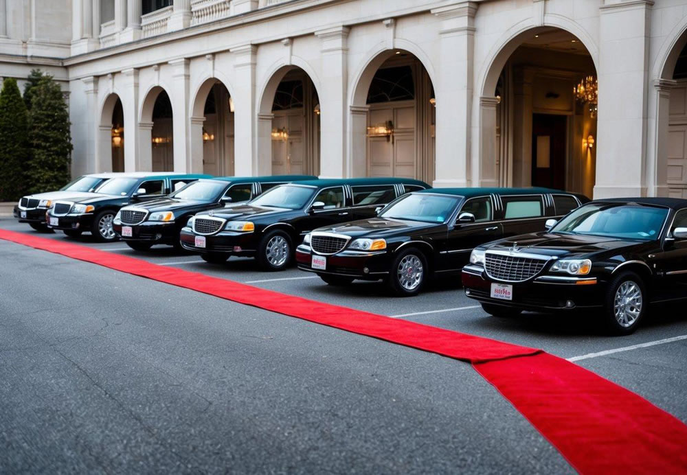 A line of different limousines parked outside a grand venue, with a red carpet leading to the entrance. Each limo is decorated to match a specific event type, such as a wedding, prom, or corporate event