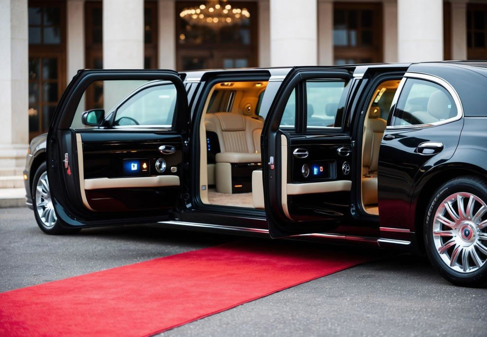 A luxurious limousine parked outside a grand venue, with a red carpet leading to the open door, revealing a plush interior with entertainment amenities and comfortable seating