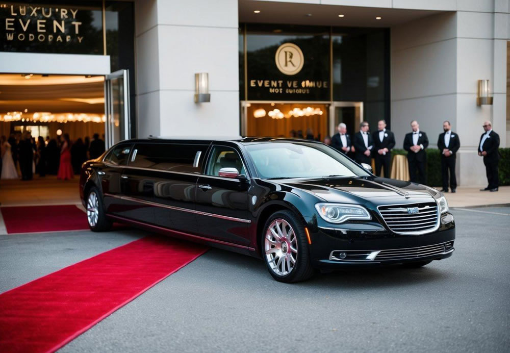 A sleek, black limousine parked in front of a luxury event venue, with a red carpet leading up to the entrance