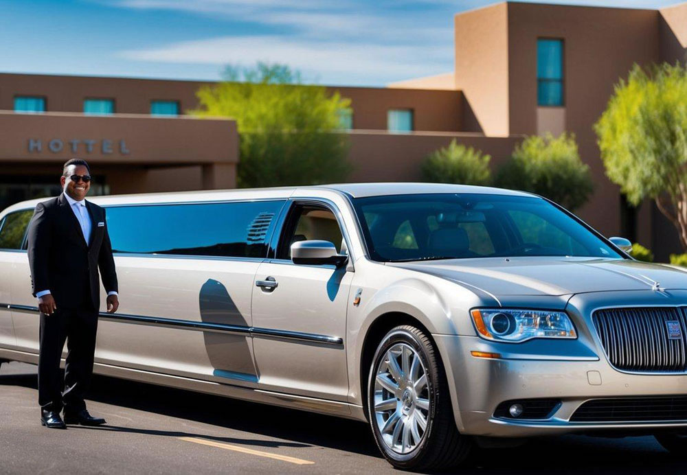 A sleek limousine parked outside a luxury hotel in Scottsdale, Arizona, with a chauffeur standing by the open door