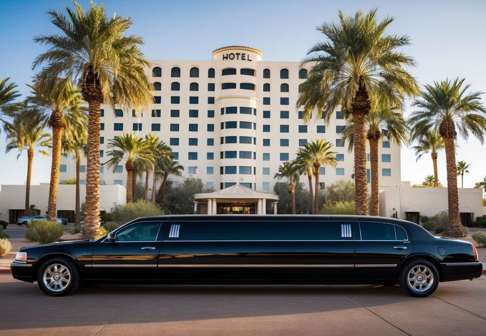 A sleek, black limousine waits outside a luxury hotel, surrounded by palm trees and bathed in the warm Arizona sun