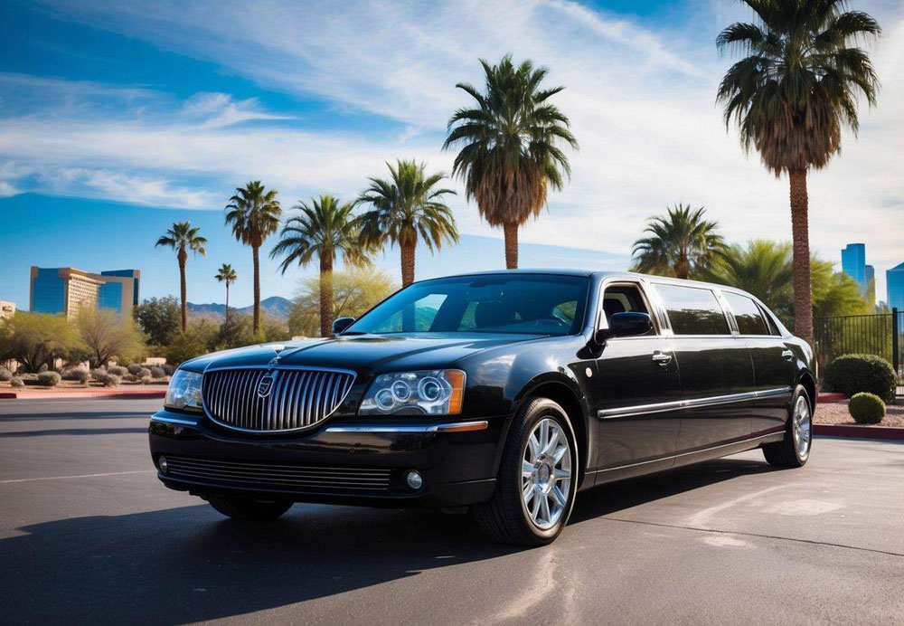 A sleek limousine parked outside a luxurious hotel, with palm trees and the Scottsdale skyline in the background