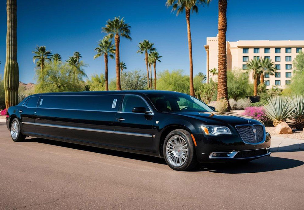 A sleek black limousine parked outside a luxury hotel in Scottsdale, Arizona, surrounded by palm trees and a vibrant desert landscape