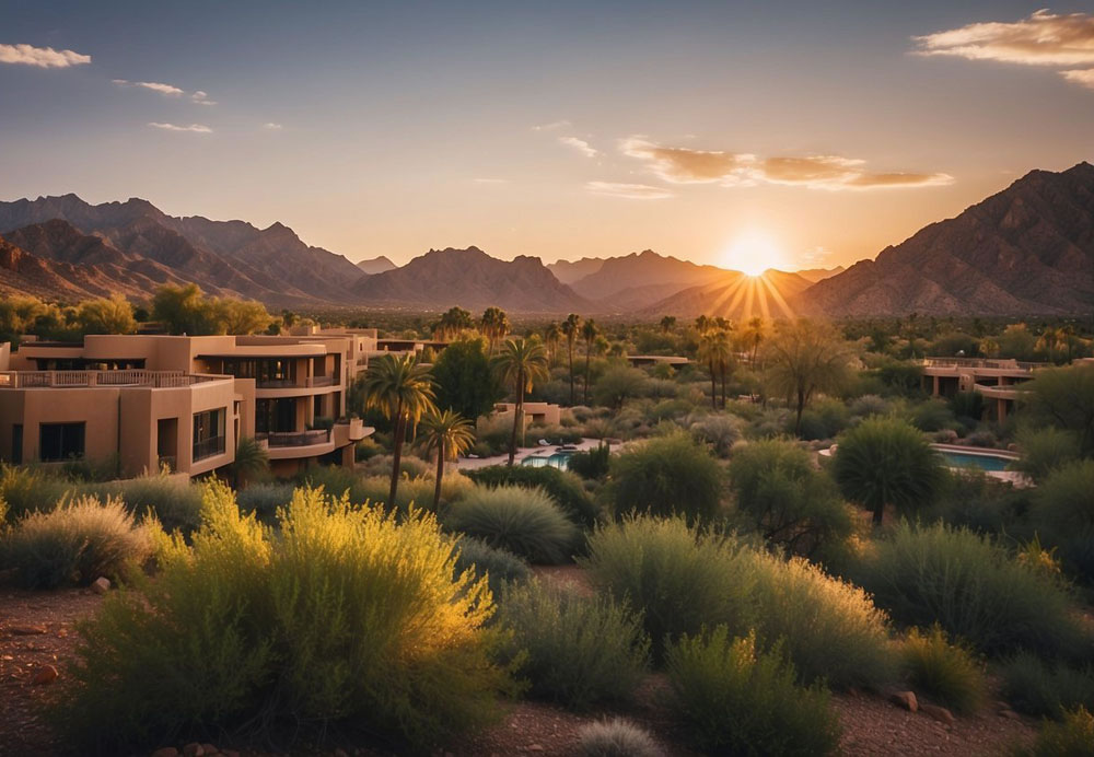 lush greenery surrounds luxurious resorts in Paradise Valley, Arizona. Mountains loom in the background as the sun sets behind them, casting a warm glow over the tranquil scene