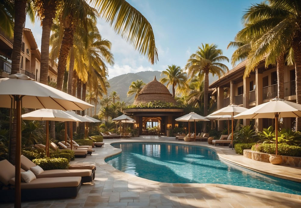 The scene showcases a sparkling pool with cabanas, a lush spa with palm trees, and a gourmet restaurant with outdoor dining. The resort's logo is prominently displayed on a grand entrance