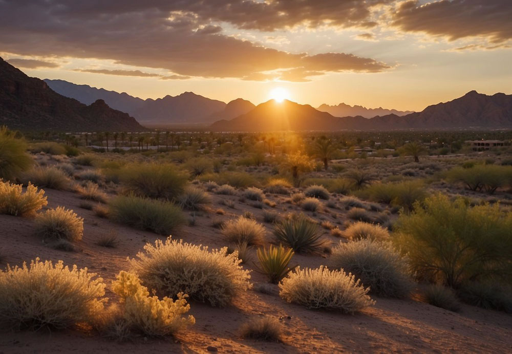 The sun sets over the sprawling desert landscape, casting a warm glow on the luxurious resorts nestled in the picturesque Paradise Valley, Arizona