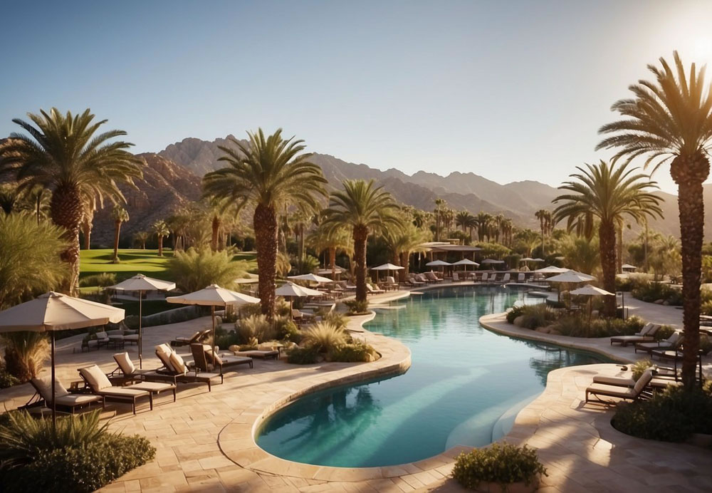 Lush poolside with sunbathers, cabanas, and palm trees. Golfers tee off on manicured fairways, while hikers explore desert trails. Spa guests relax in luxury treatment rooms