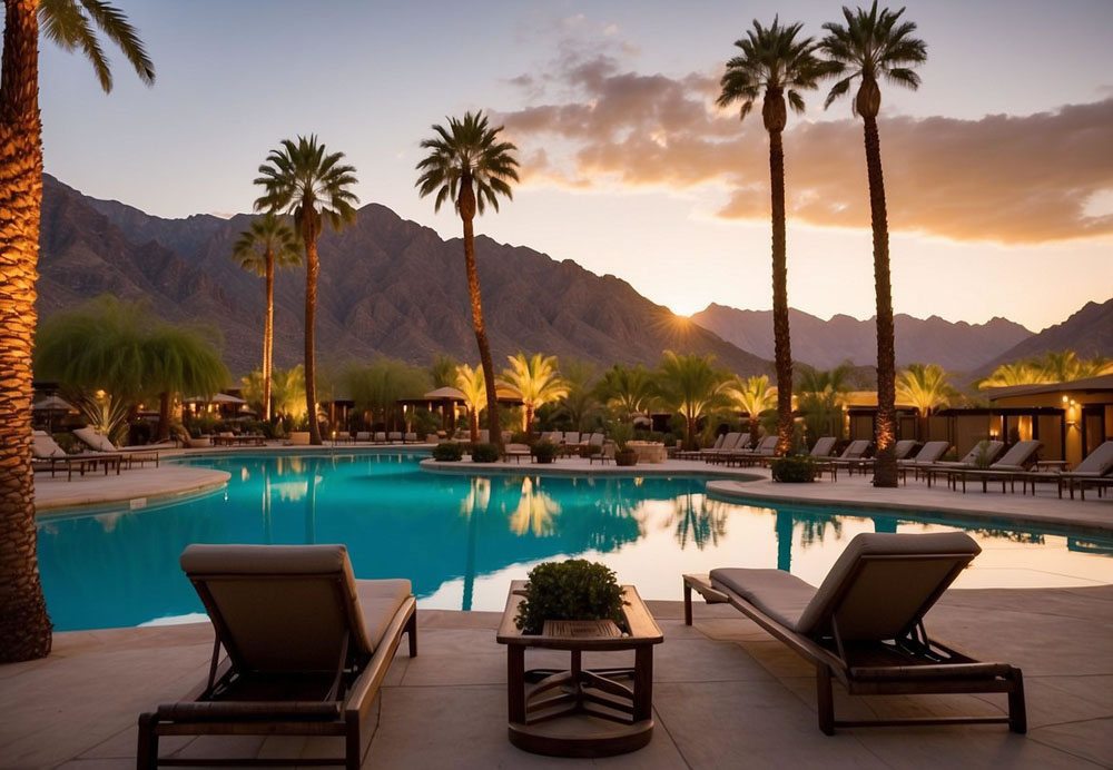The sun sets behind the majestic mountains, casting a warm glow over the luxurious resorts nestled in Paradise Valley, Arizona. Palm trees sway gently in the breeze as guests relax by the sparkling pool