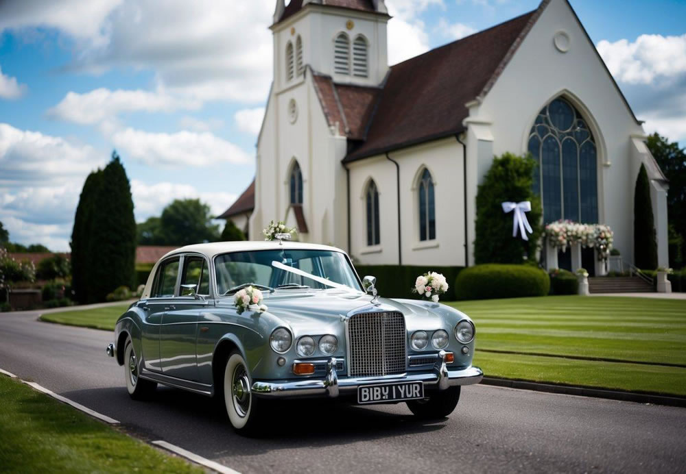 A vintage car pulling up to a grand church, decorated with flowers and ribbons for a wedding