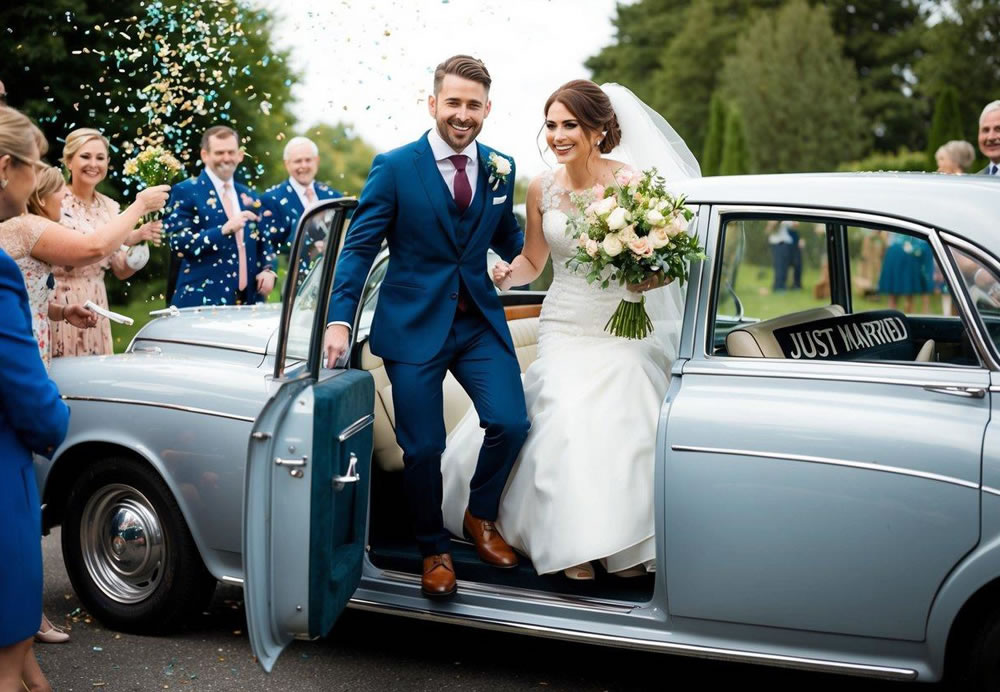 A bride and groom stepping out of a vintage car with "Just Married" sign, surrounded by confetti and well-wishers