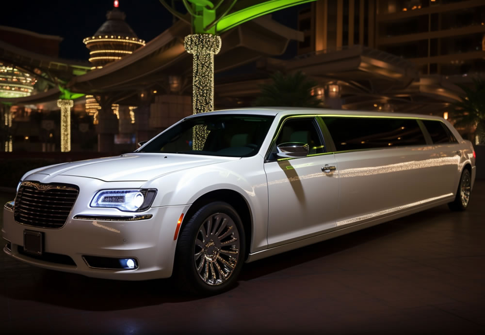 A white limo is standing in front of a building.