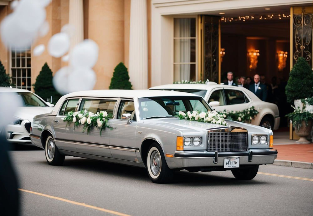 A classic limousine adorned with wedding decor pulls up to a grand venue entrance