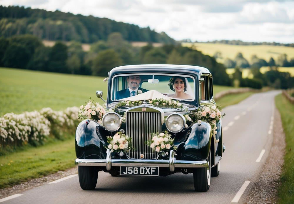 A vintage car adorned with flowers drives through a scenic countryside, transporting a newlywed couple on their wedding day