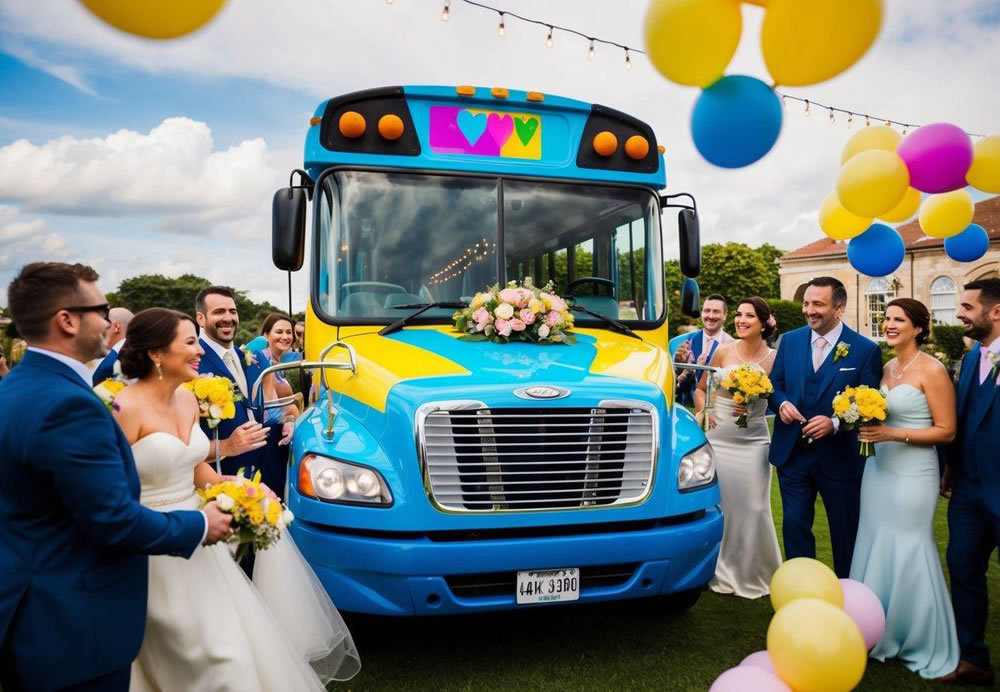 A colorful party bus with wedding decorations, surrounded by happy guests and a beautiful wedding venue in the background