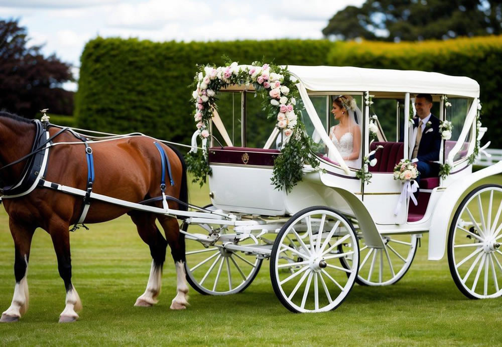 a bride and groom drive across the lawn in a white carriage