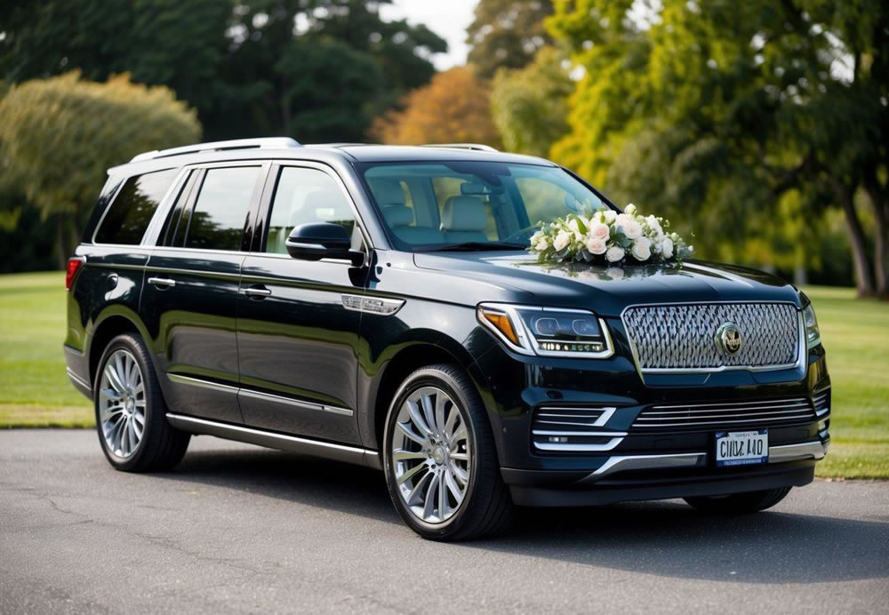 A sleek luxury SUV adorned with wedding decorations awaits the bride and groom, ready to transport them to their next destination