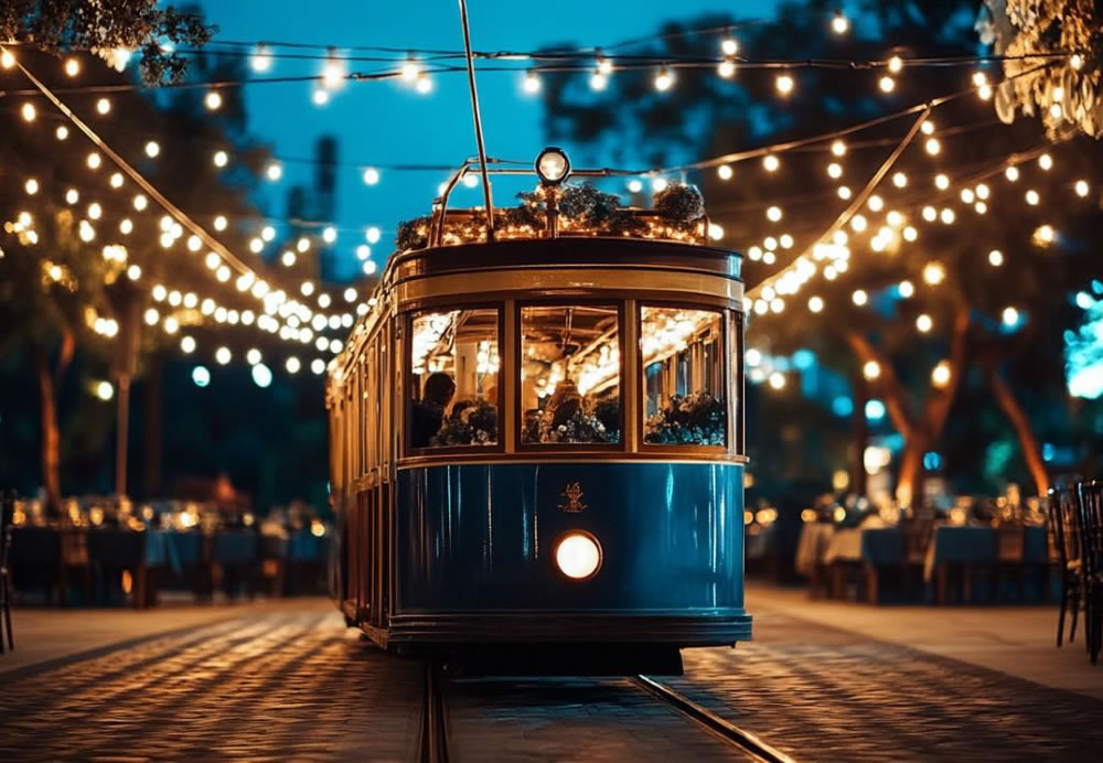 A trolley is standing in front of a restaurant.