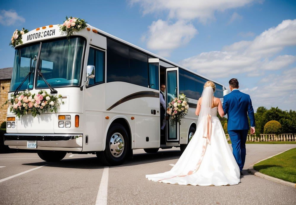 A motorcoach decorated with flowers and ribbons, parked in front of a wedding venue with a bride and groom boarding