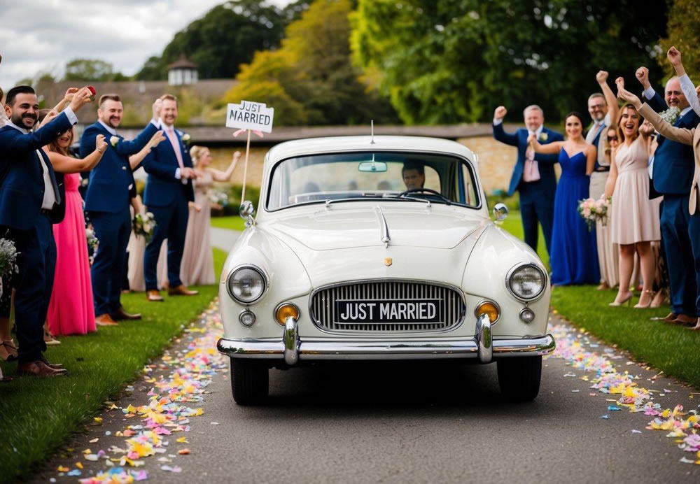 A vintage car with "just married" sign drives away from a wedding venue, surrounded by cheering guests and colorful flower petals